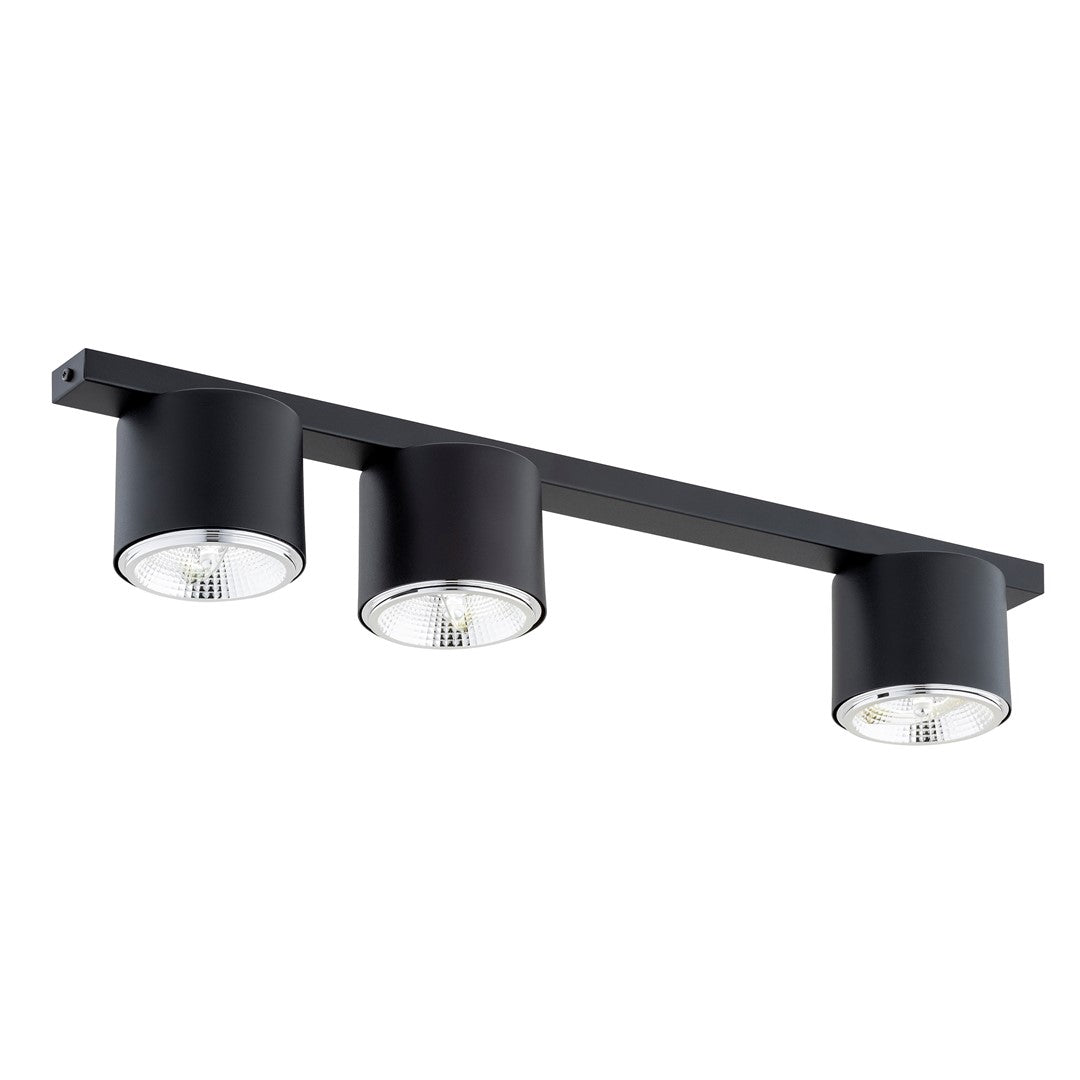 Zwarte plafondlamp met drie ronde spots op een smalle balk met chroomkleurige reflectoren