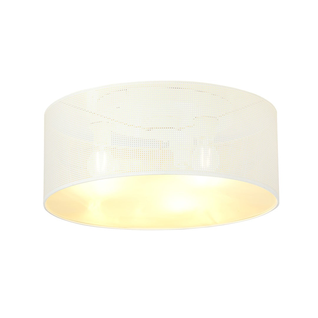 Ronde witte plafondlamp met geperforeerde kap en goudkleurige binnenkant