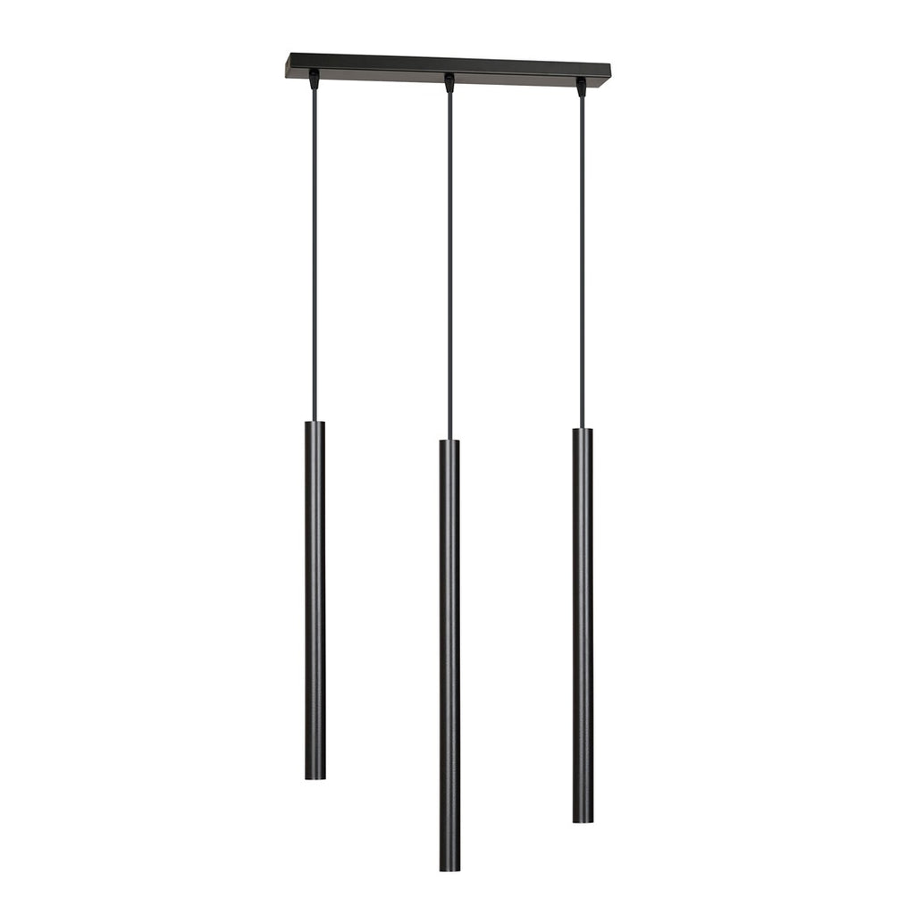 Zwarte hanglamp met drie lange, slanke buizen aan dunne snoeren onder een smalle zwarte plafondkap