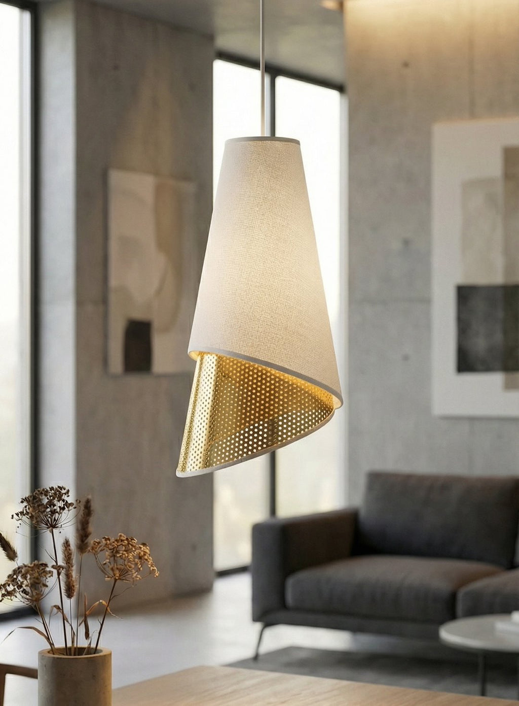 Hanglamp 3-lichts gepoedercoat staal met stoffen kap, modern, wit en goud, 95 cm, voor woonkamer en eetkamer