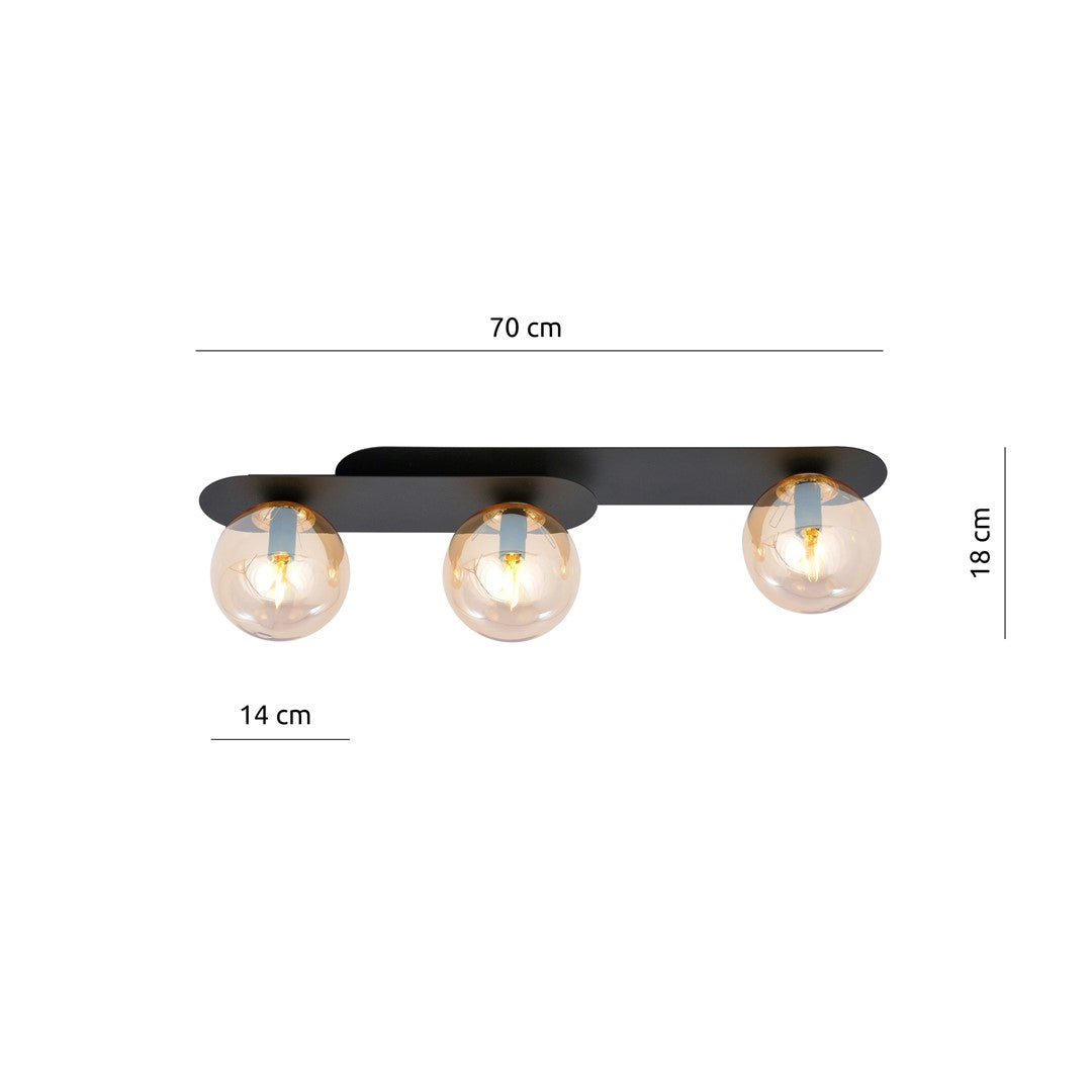Plafondlamp gepoedercoat staal en glas Plaza, zwart met amberkleurige kappen, 3 lichtpunten, 70 x 18 cm