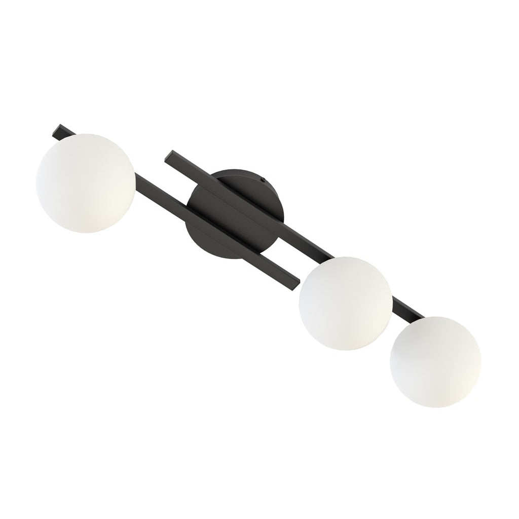Plafondlamp gepoedercoat staal modern Caïro 3 lichts, mat zwart met witte glazen bolkappen, 74 x 20 cm