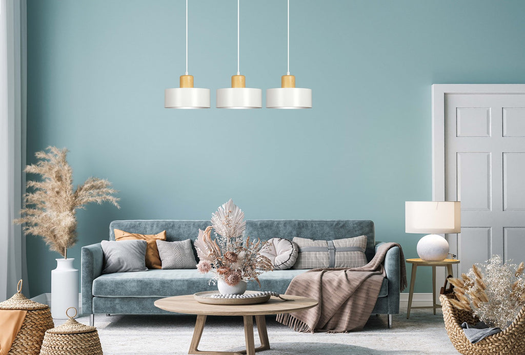 Hanglamp 3-lichts gepoedercoat staal en hout, Scandinavisch Torin, wit – 80 x 100 cm, voor woonkamer en eetkamer