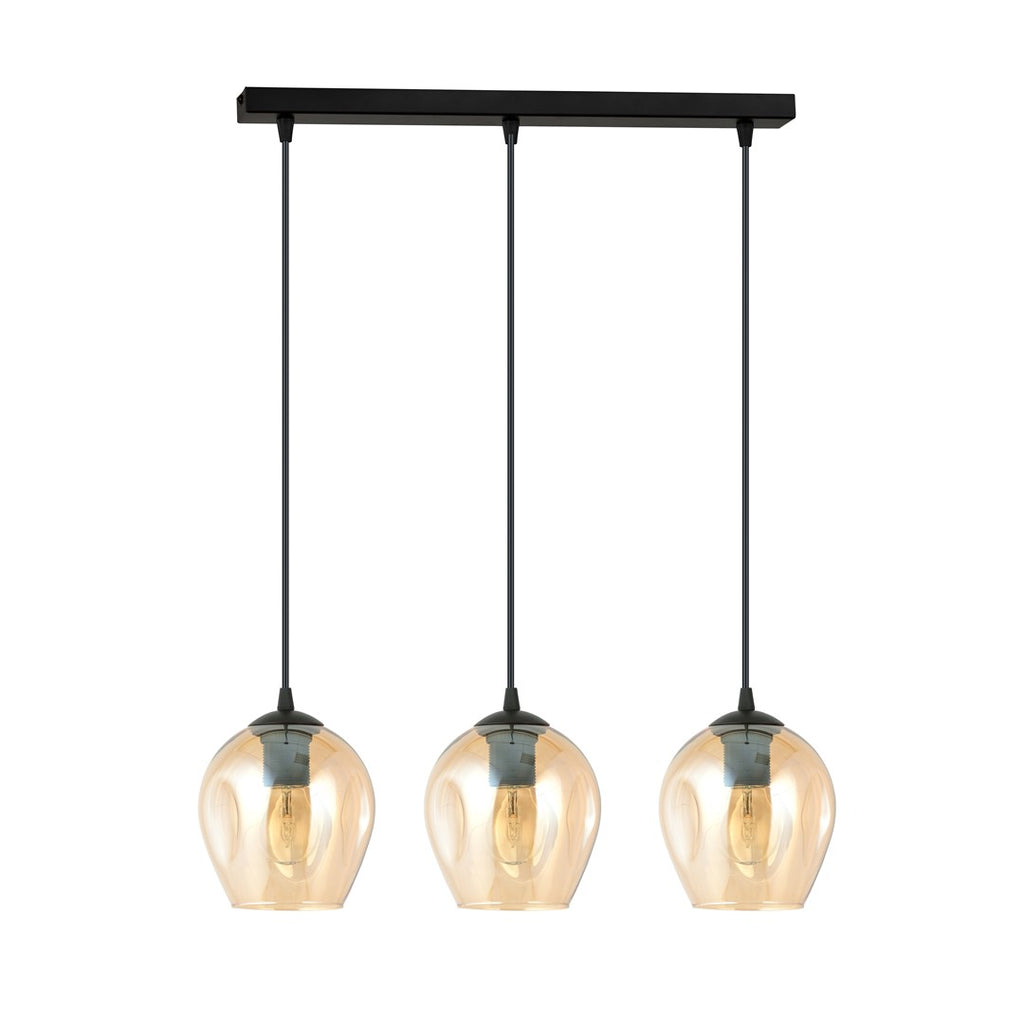 Hanglamp 3 lichts gepoedercoat staal en glas Istar, zwart met amber glazen kappen, verstelbaar, eettafel