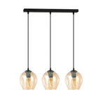 Hanglamp 3 lichts gepoedercoat staal en glas Istar, zwart met amber glazen kappen, verstelbaar, eettafel