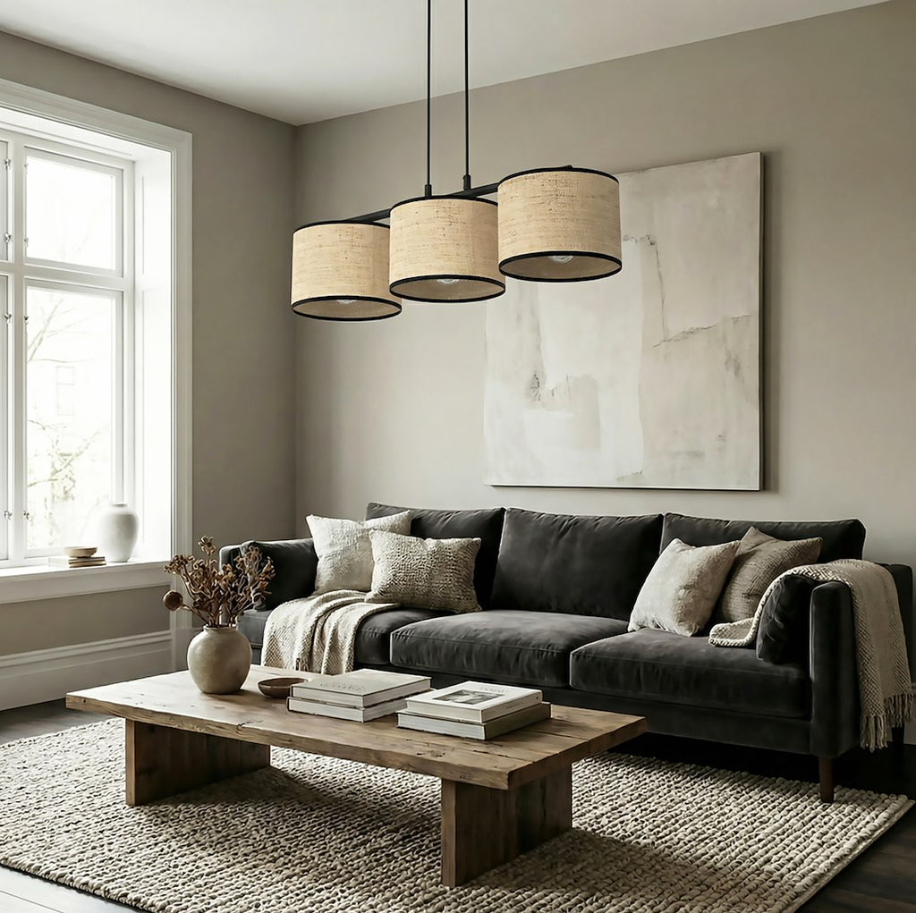 Hanglamp 3-lichts rotan gepoedercoat staal minimalistisch Eco zwart, kap Ø 20 cm – 70 cm breed, eettafel en kookeiland