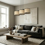 Hanglamp 3-lichts rotan gepoedercoat staal minimalistisch Eco zwart, kap Ø 20 cm – 70 cm breed, eettafel en kookeiland