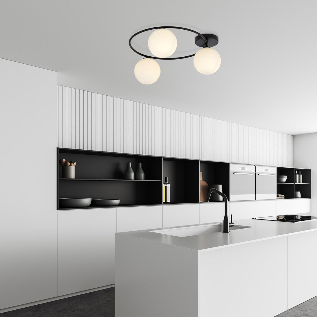 Plafondlamp gepoedercoat staal en glas Sopra, zwart met witte glaskappen, 3 lichts E14, 47 x 20 cm