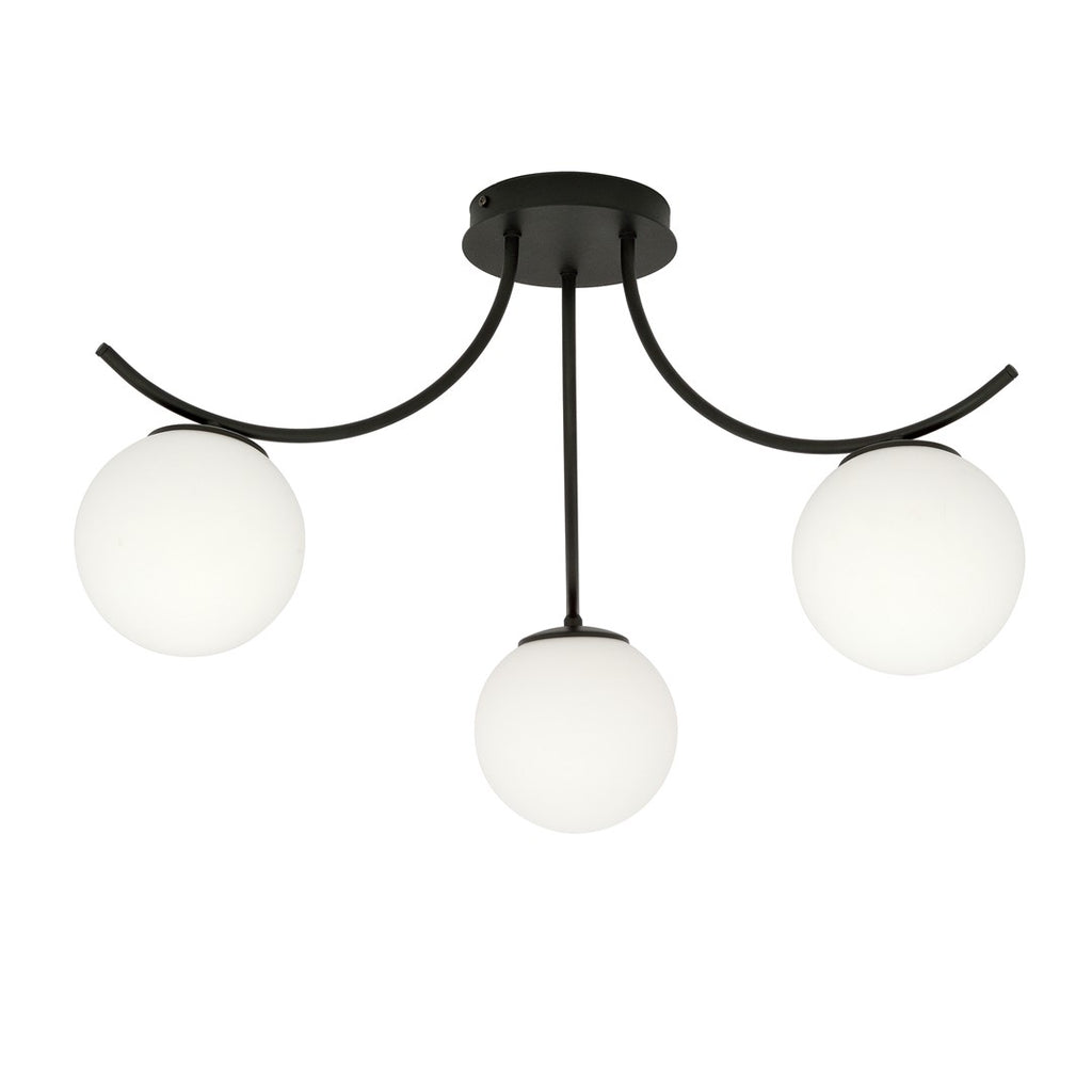 Plafondlamp gepoedercoat staal en glas Boston, zwart met wit glas, 3 lichtpunten E14, 70 cm breed