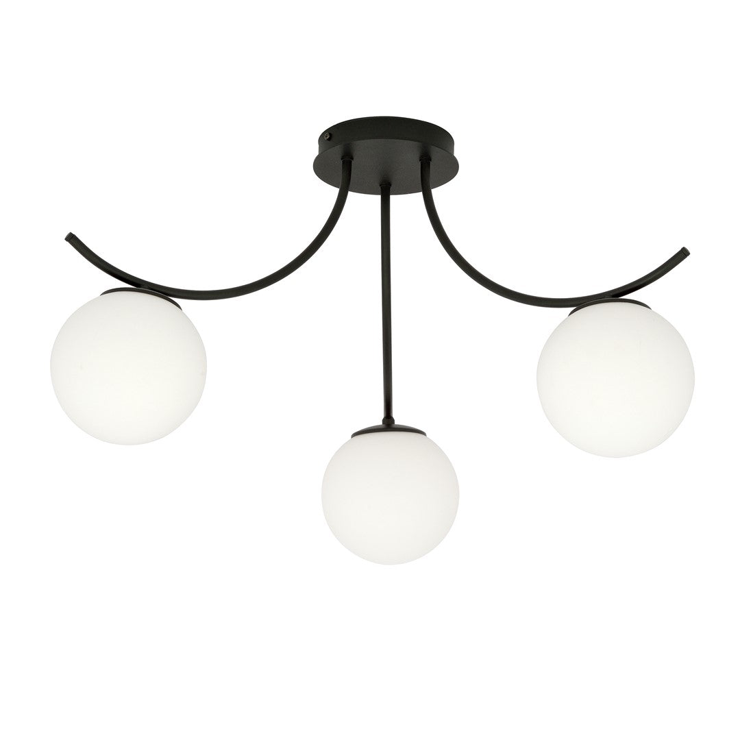 Plafondlamp gepoedercoat staal en glas Boston, zwart met wit glas, 3 lichtpunten E14, 70 cm breed