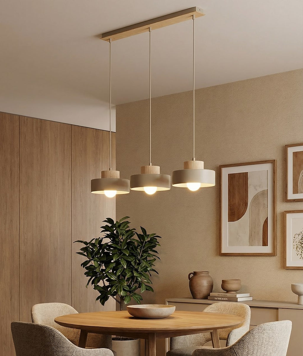 Hanglamp gepoedercoat staal en hout Kivi, beige, 3 lichts, 73 x 20 cm, E27, woonkamer en eetkamer