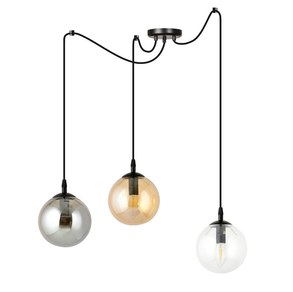 Hanglamp gepoedercoat staal en glas Gigi, 3 kappen transparant, grafiet en amber, zwart, Ø 14 cm, woonkamer en eetkamer