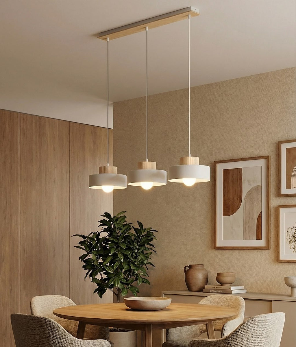 Hanglamp gepoedercoat staal en hout, Scandinavisch Kivi, wit, 73 x 20 cm, 3 fittingen, woonkamer of eetruimte