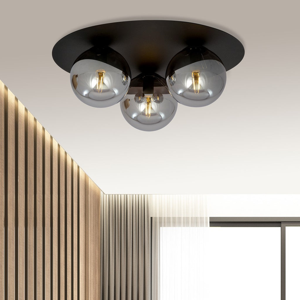 Plafondlamp gepoedercoat staal Solar zwart met grafiet glas, 3 fittingen E14, 43 x 19 cm