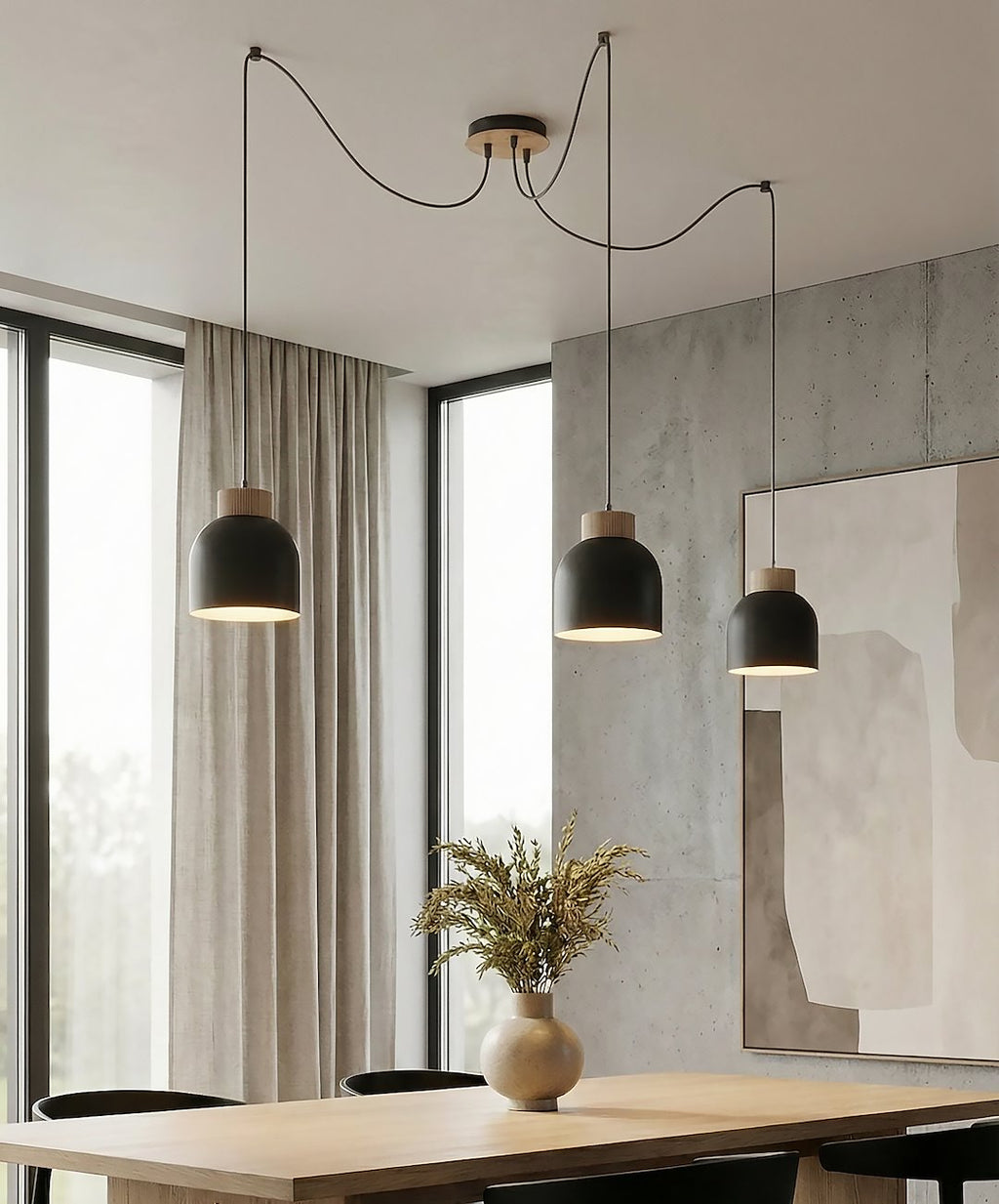 Hanglamp gepoedercoat staal en hout, Scandinavisch, model Kru, zwart, 3 fittingen E27, verstelbare hoogte