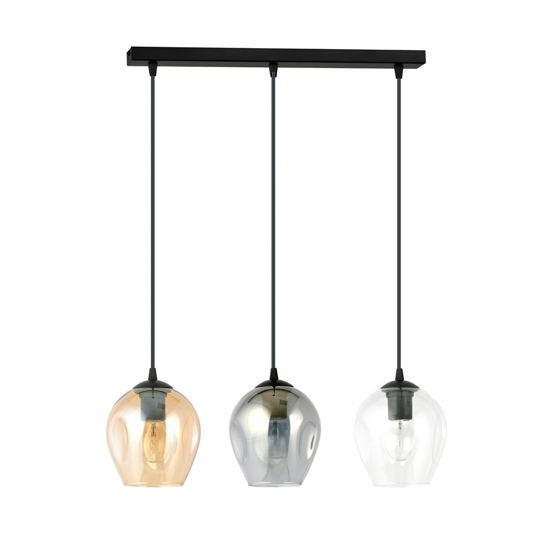 Hanglamp 3-lichts gepoedercoat staal en glas, Istar, zwart met amber, grafiet en transparant glas, 70 x 100 cm