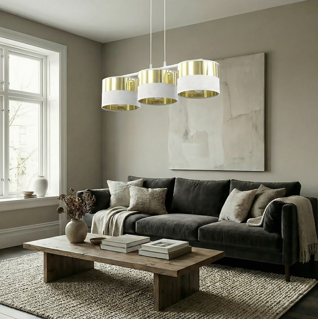 Hanglamp gepoedercoat staal met stoffen kap, Lux, wit en goud, 3 lichts, kap Ø 20 cm, breedte 70 cm