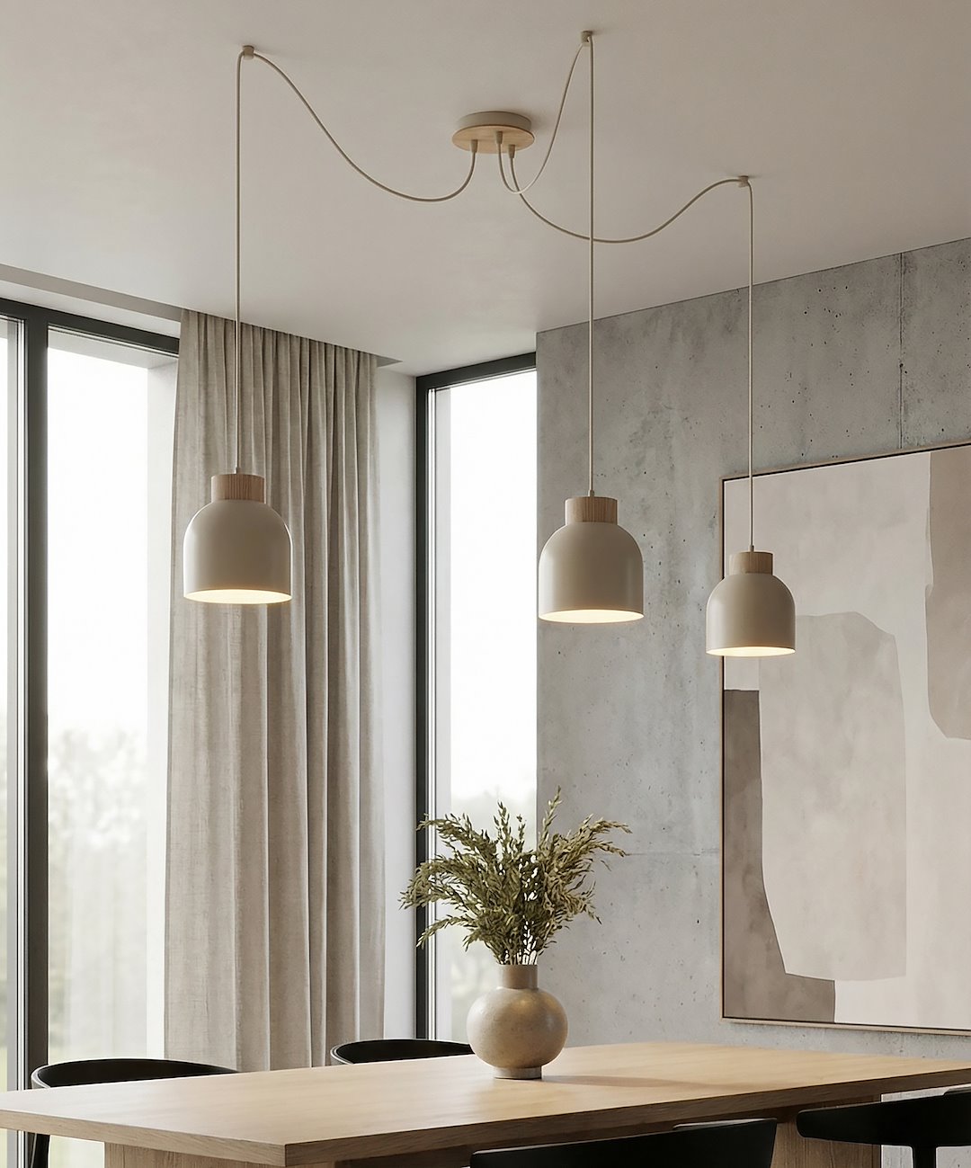 Hanglamp gepoedercoat staal en multiplex Scandinavisch Kru 3 beige, 3 fittingen E27, verstelbaar