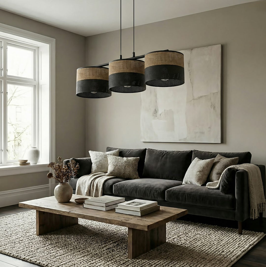 Hanglamp gepoedercoat staal Karbon minimalistisch zwart en bruin, 3 lichtpunten, stoffen kappen Ø 20 cm, eettafel