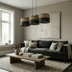 Hanglamp gepoedercoat staal Karbon minimalistisch zwart en bruin, 3 lichtpunten, stoffen kappen Ø 20 cm, eettafel