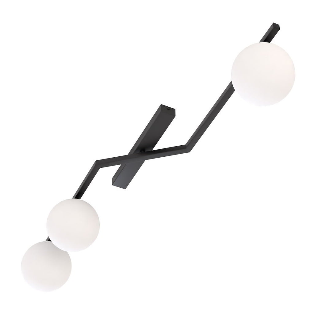 Plafondlamp gepoedercoat staal Naton modern zwart met 3 witte bolkappen, 100 x 32 x 20 cm, woonkamer, eetkamer en hal