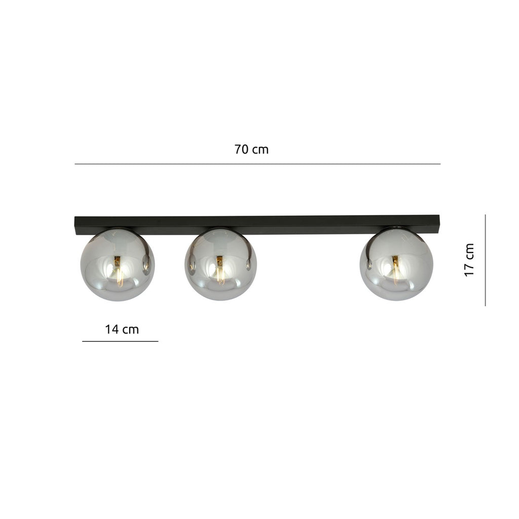 Plafondlamp gepoedercoat staal Fit 3 zwart met grafiet glazen kappen, 70 cm breed, voor woonkamer of keuken