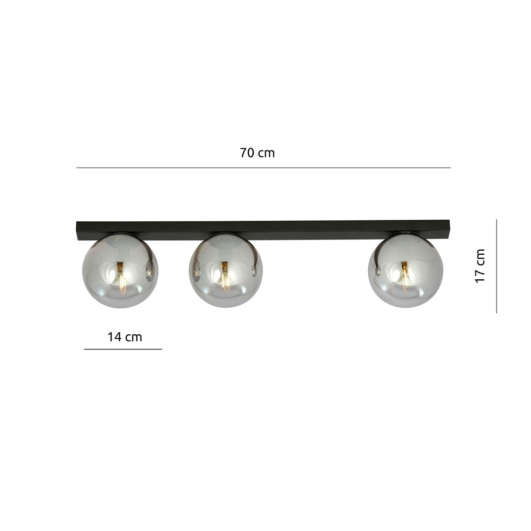 Plafondlamp gepoedercoat staal Fit 3 zwart met grafiet glazen kappen, 70 cm breed, voor woonkamer of keuken