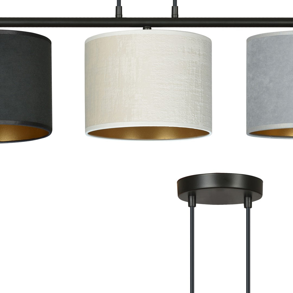 Hanglamp gepoedercoat staal en stof Hilde, zwart frame met zwarte, witte en grijze kap, 3 lichts, 72 cm breed