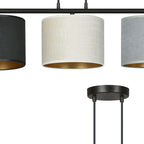 Hanglamp gepoedercoat staal en stof Hilde, zwart frame met zwarte, witte en grijze kap, 3 lichts, 72 cm breed