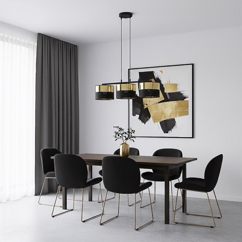 Hanglamp gepoedercoat staal en stof, modern Lux zwart met goud, kap Ø 20 cm, 3 lichts, voor eettafel en keukeneiland