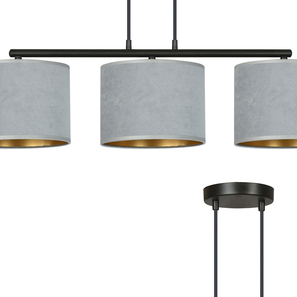 Hanglamp gepoedercoat staal en stof Hilde, minimalistisch, zwart met grijze kappen, 72 x 100 cm, 3 lichtpunten