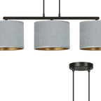 Hanglamp gepoedercoat staal en stof Hilde, minimalistisch, zwart met grijze kappen, 72 x 100 cm, 3 lichtpunten