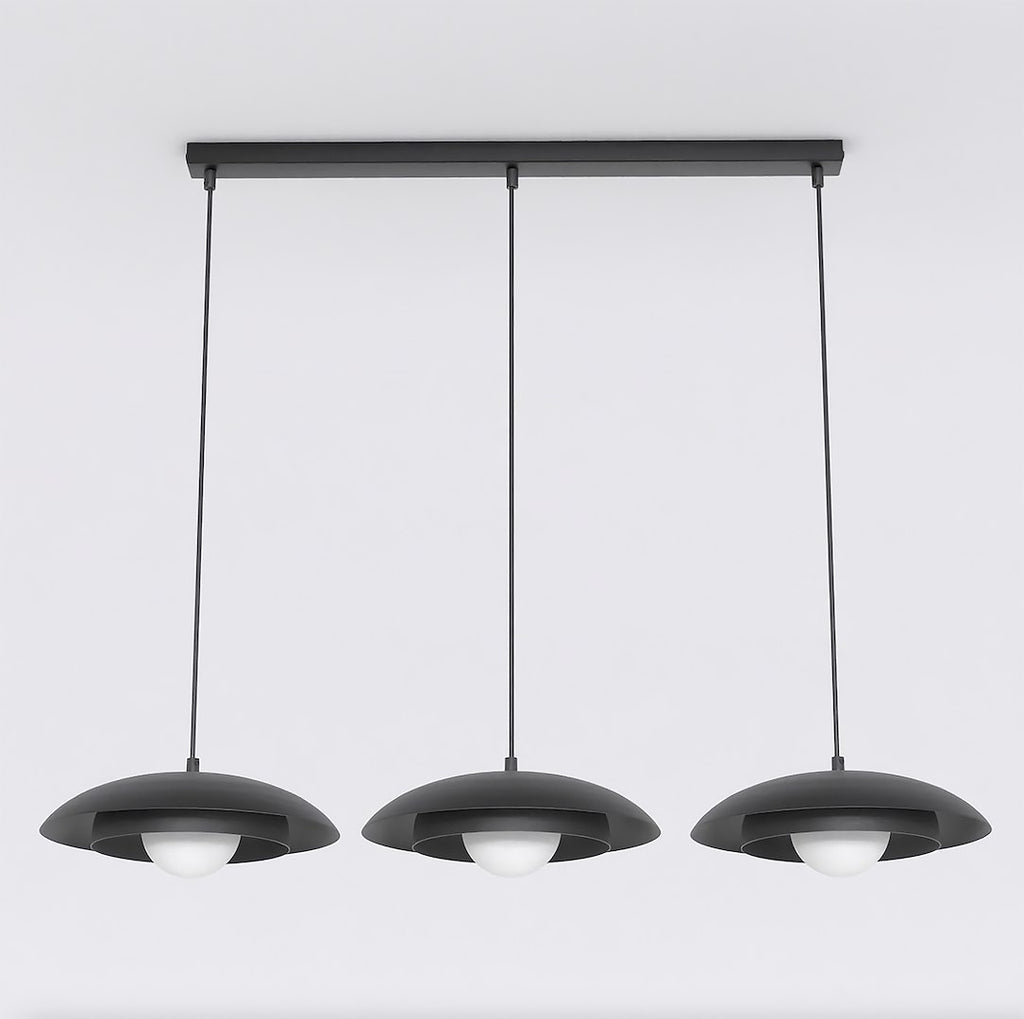 Hanglamp 3-lichts gepoedercoat staal Skin, zwart met witte binnenkant, 95 x 30 cm, eettafel en kookeiland