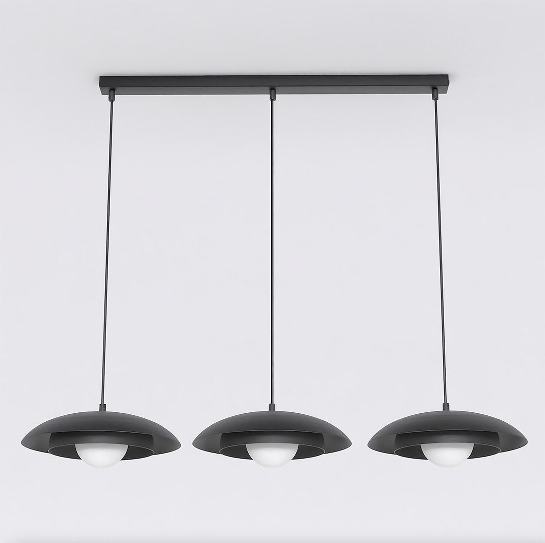Hanglamp 3-lichts gepoedercoat staal Skin, zwart met witte binnenkant, 95 x 30 cm, eettafel en kookeiland