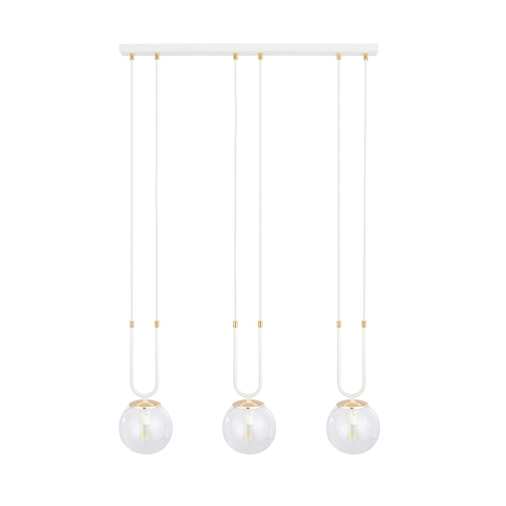 Hanglamp 3 lichtpunten gepoedercoat staal en glas, retro Glam wit met transparante kappen, 70 x 115 cm