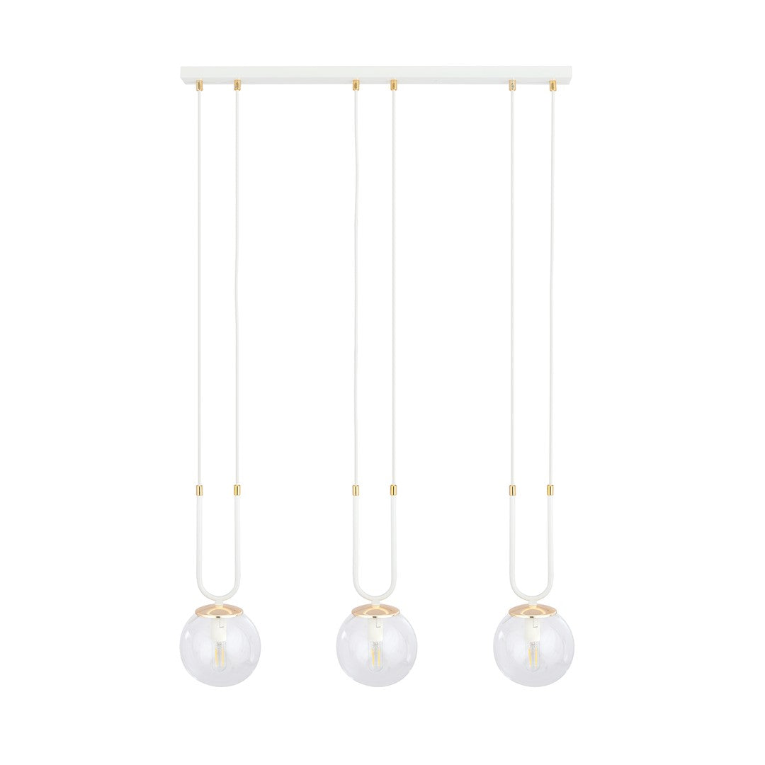 Hanglamp 3 lichtpunten gepoedercoat staal en glas, retro Glam wit met transparante kappen, 70 x 115 cm