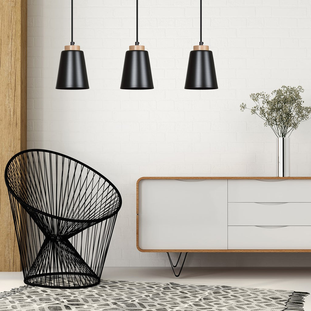 Hanglamp gepoedercoat staal en hout Bolero Scandinavisch zwart, 3 lichts, 66 x 100 cm voor woonkamer
