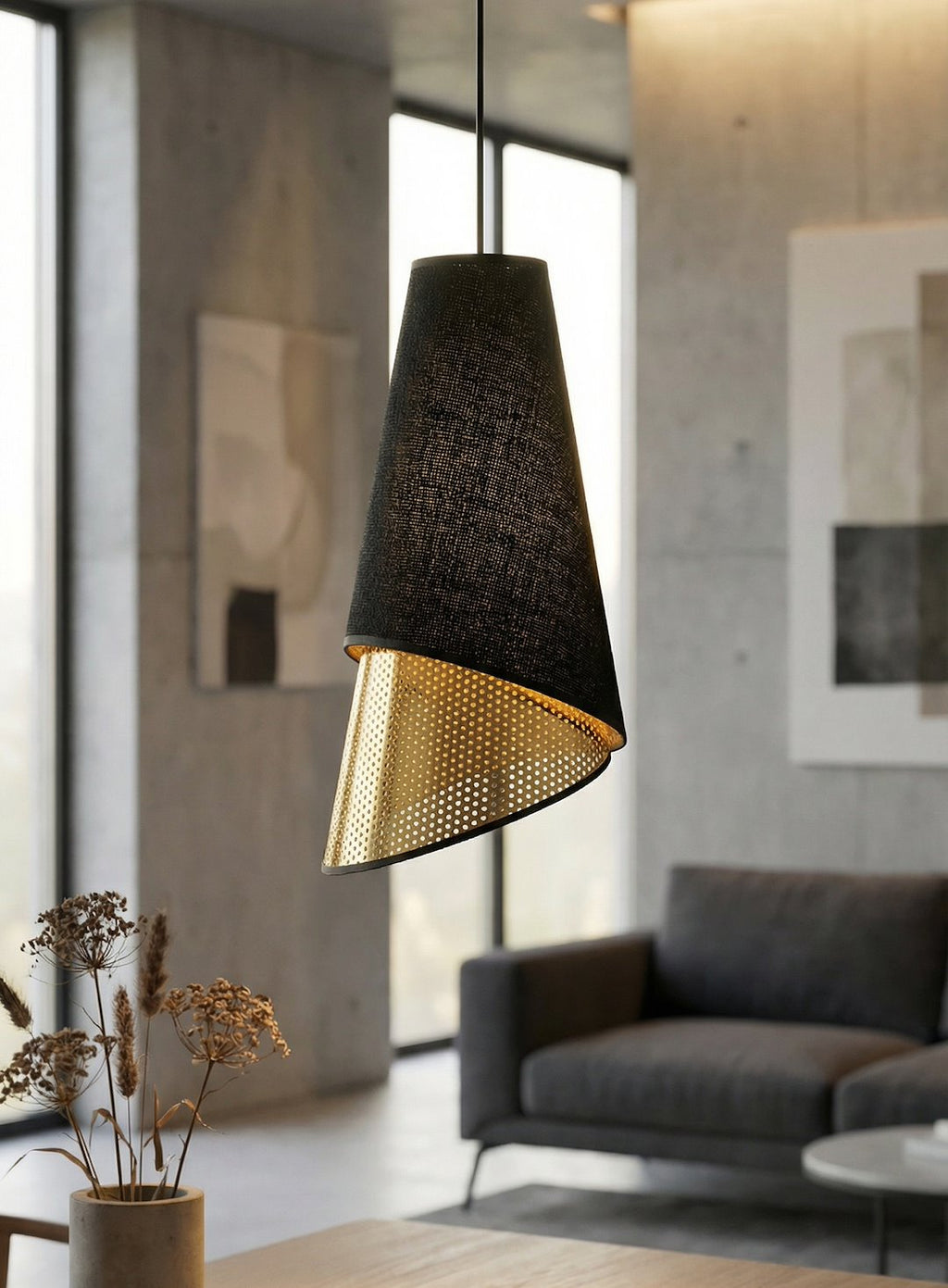 Hanglamp 3-lichts gepoedercoat staal met stoffen kap, Moda, zwart met goud, 95 cm, eettafel en woonkamer