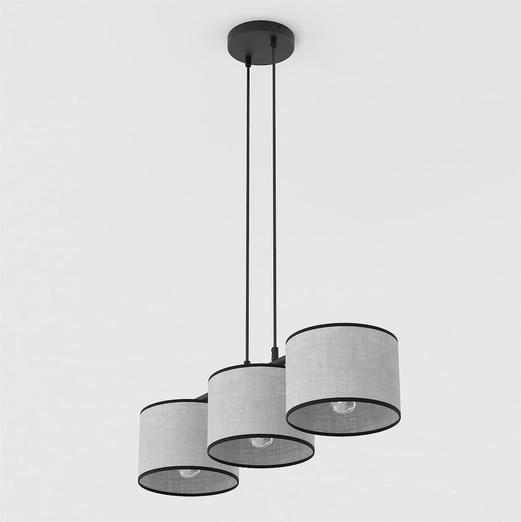 Hanglamp gepoedercoat staal en stof Eco, grijs met zwart, 3 lichts, kap Ø 20 cm, eettafel en kookeiland