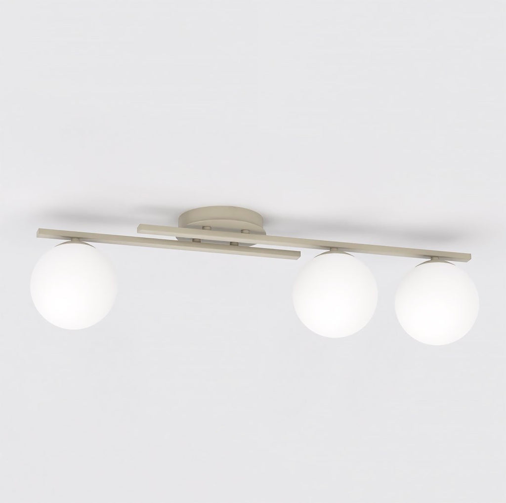 Plafondlamp gepoedercoat staal en glas Kairo, beige met witte glazen kappen, 3 lichts, 87 x 29 cm