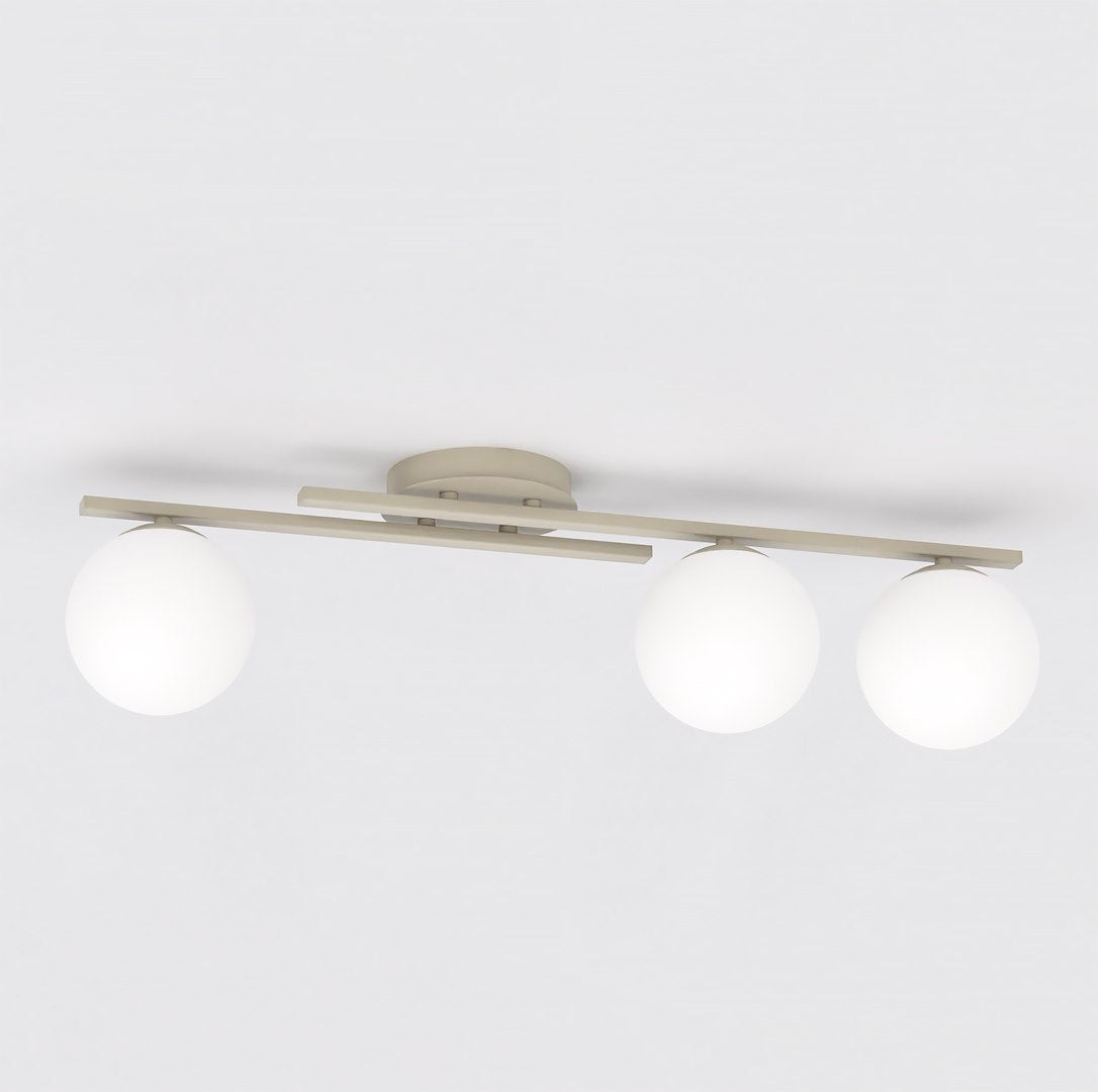 Plafondlamp gepoedercoat staal en glas Kairo, beige met witte glazen kappen, 3 lichts, 87 x 29 cm