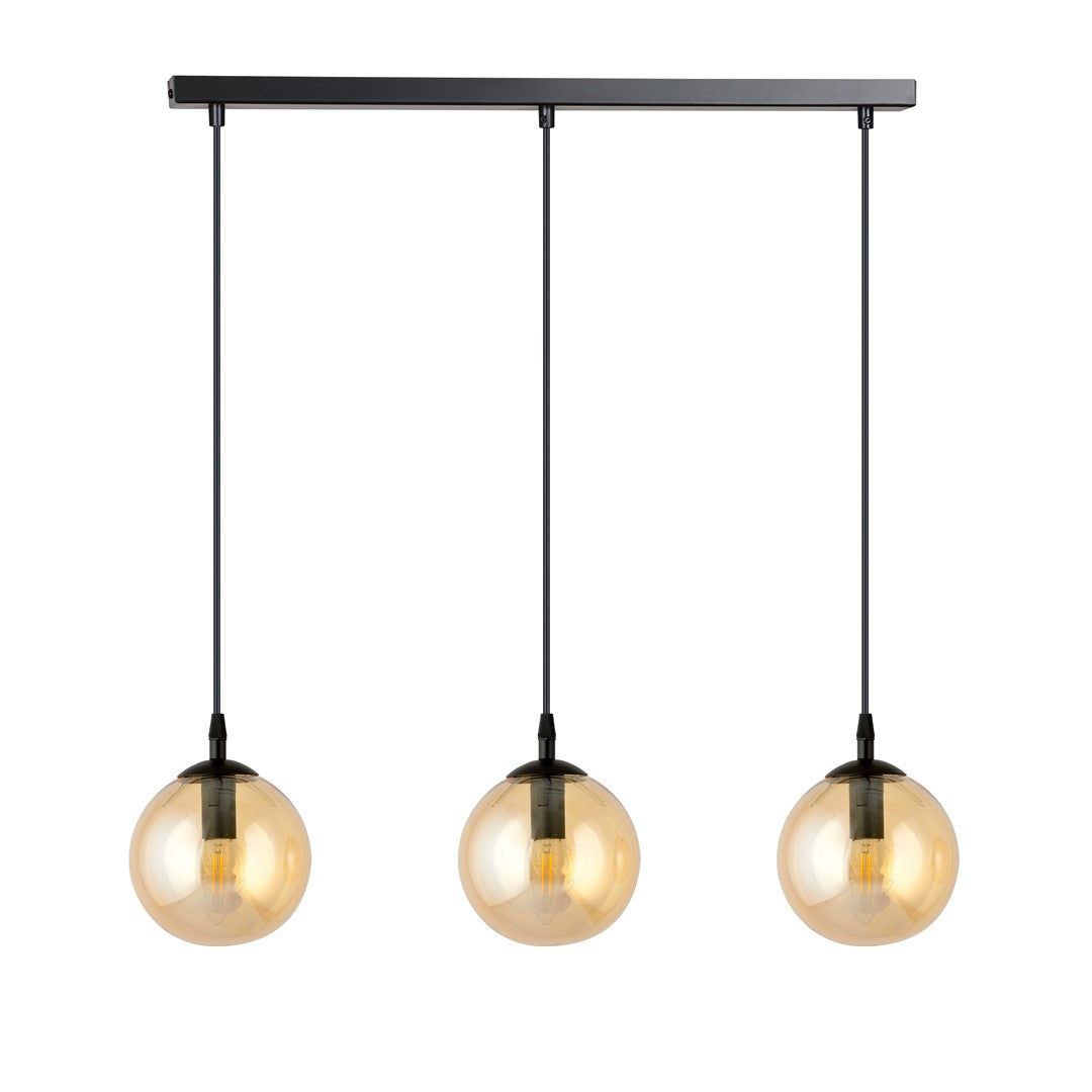 Hanglamp 3-lichts gepoedercoat staal en glas, modern Cosmo, zwart met amber glas, 70 x 100 cm, woonkamer