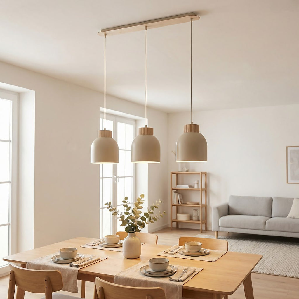Hanglamp 3 lichts gepoedercoat staal en multiplex Vigo, beige, 84 cm, voor kookeiland of eettafel