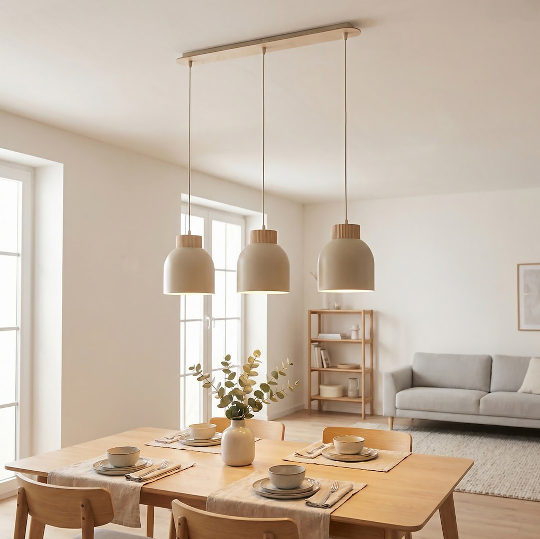 Hanglamp 3 lichts gepoedercoat staal en multiplex Vigo, beige, 84 cm, voor kookeiland of eettafel
