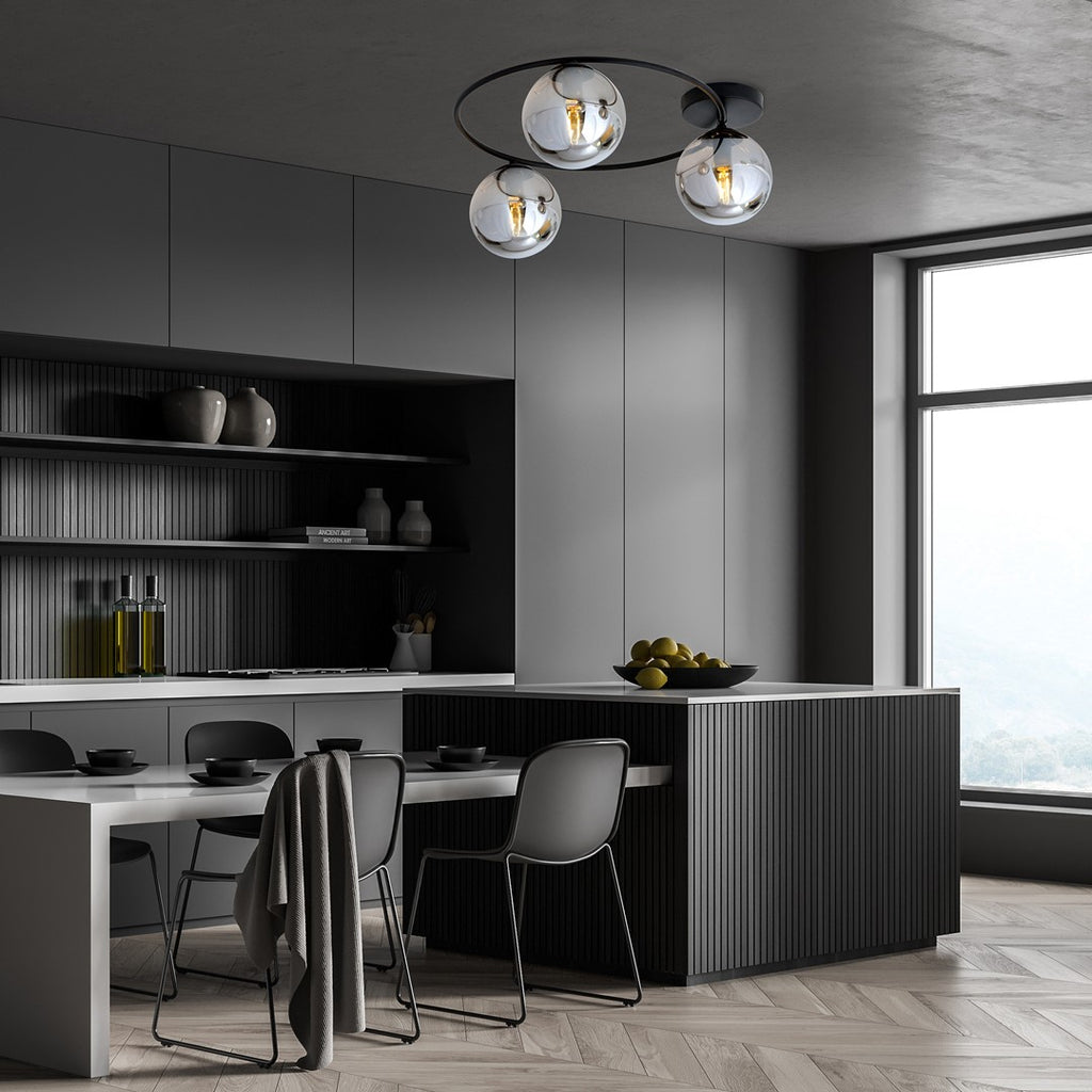 Plafondlamp Sopra gepoedercoat staal en glas, minimalistisch, zwart met grafiet glazen kappen, 3 lichtpunten, E14