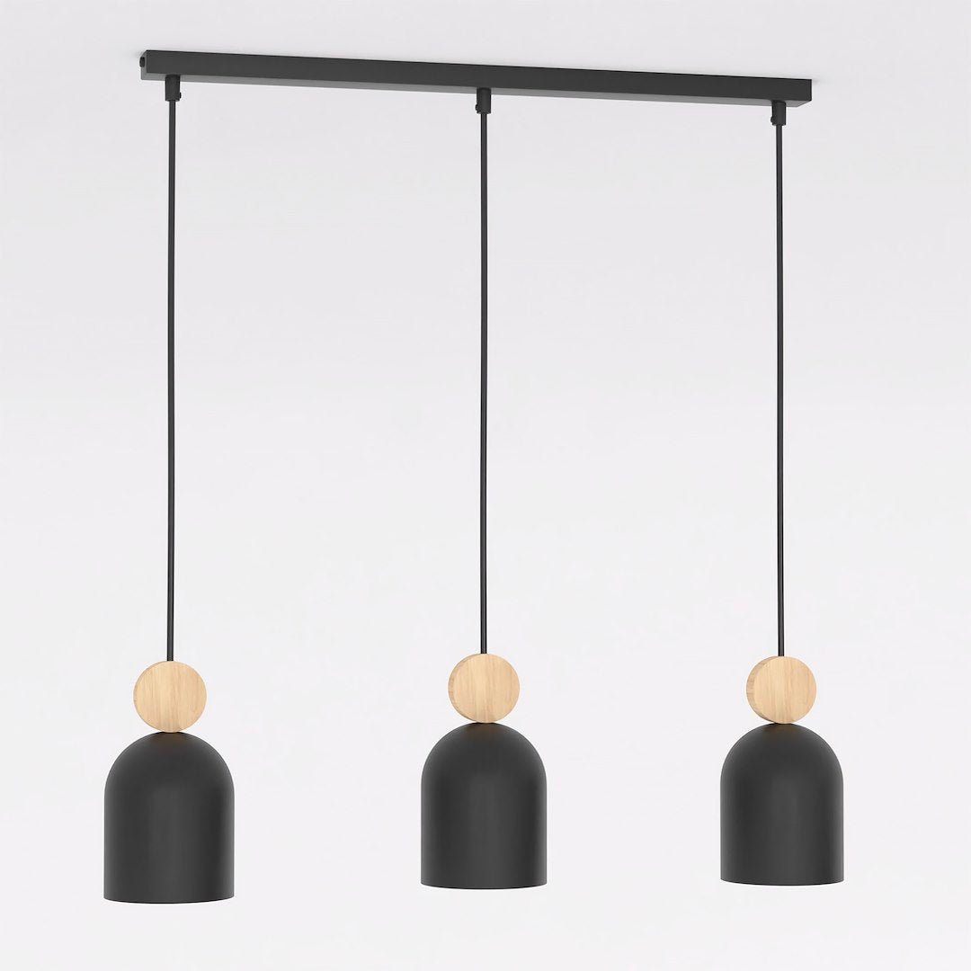 Hanglamp 3 lichts gepoedercoat staal en hout, Scandinavisch Mesi, zwart, 66 cm breed, voor kookeiland