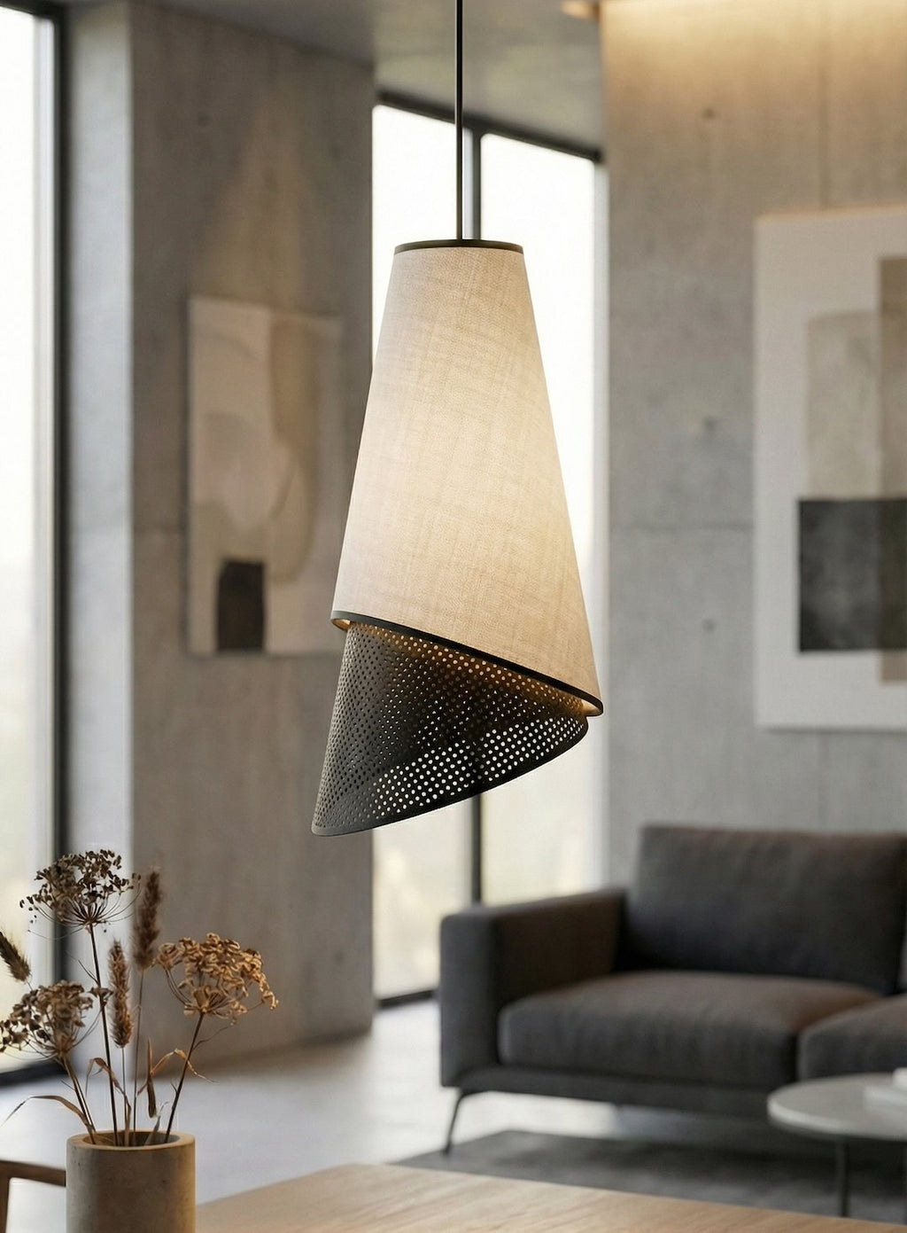 Hanglamp 3-lichts gepoedercoat staal en stof, modern, Moda, zwart en grijs, 95 cm breed, voor woonkamer en eethoek