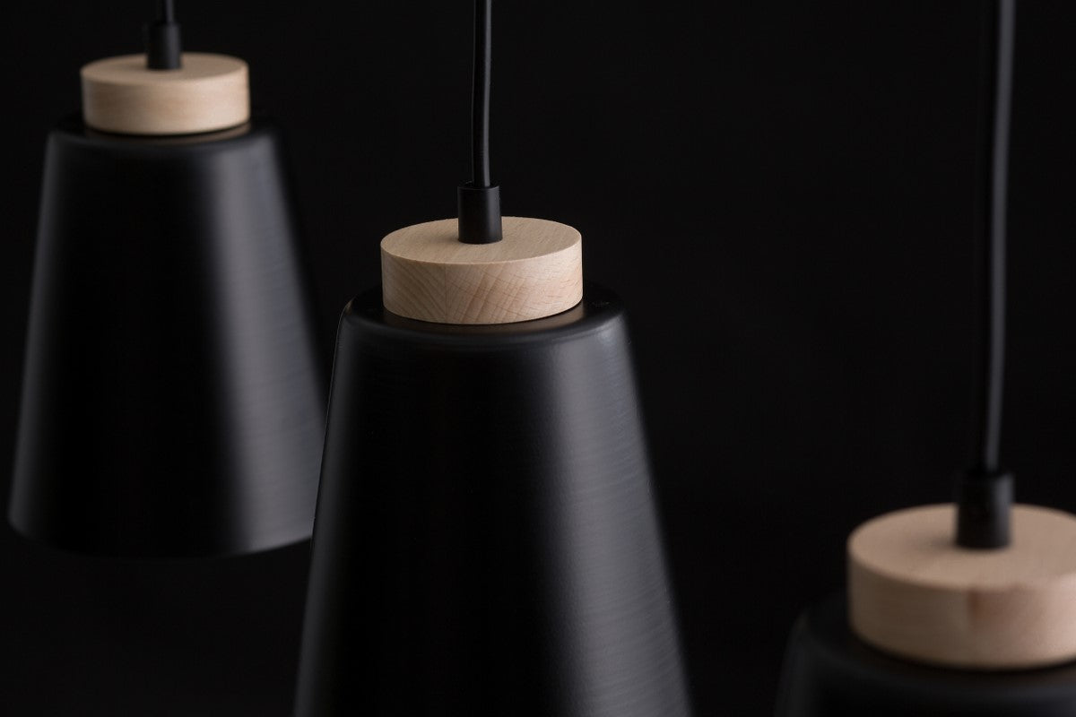 Plafondlamp 3 spots gepoedercoat staal en multiplex, Atlas Scandinavisch zwart, 3 x E27, woonkamer