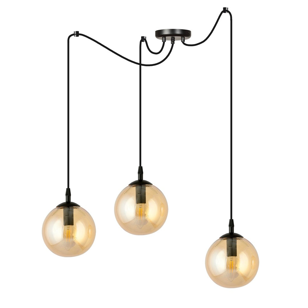 Hanglamp gepoedercoat staal en glas Gigi 3 lichts, zwart met amberkleurige glazen kappen Ø 14 cm