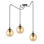 Hanglamp gepoedercoat staal en glas Gigi 3 lichts, zwart met amberkleurige glazen kappen Ø 14 cm